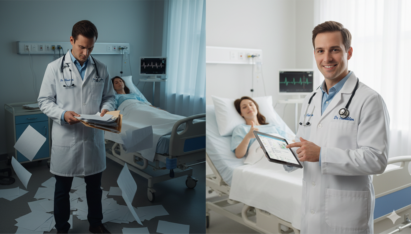 Medical healthcare transformation - Before and after showing healthcare provider overwhelmed with paper patient forms versus using FormaFlow digital solution on tablet