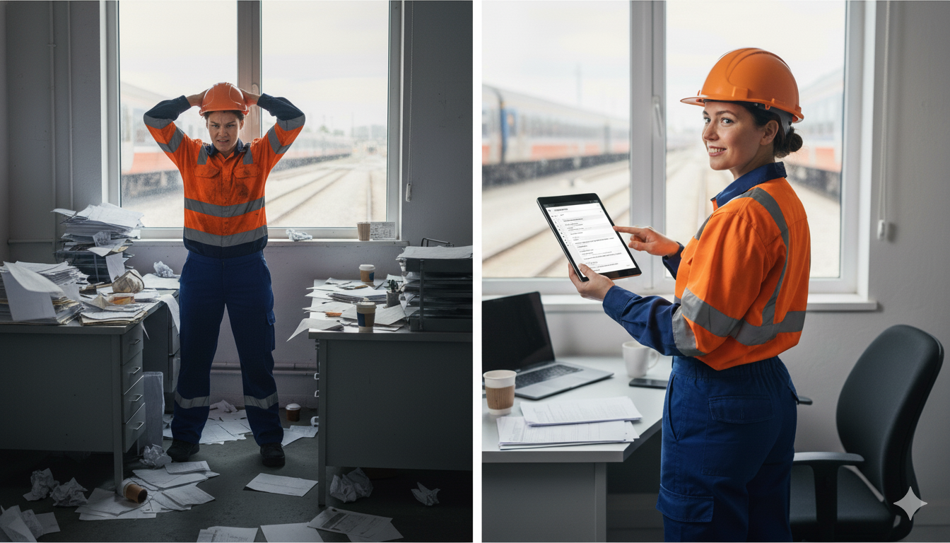 Transform paper chaos into digital workflows - Before and after comparison showing field worker overwhelmed with paper forms versus using FormaFlow digital solution on tablet