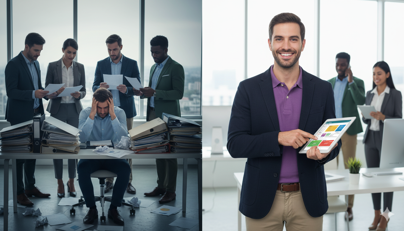 Independent contractors transformation - Before and after showing consultant overwhelmed with paperwork versus using FormaFlow digital solution