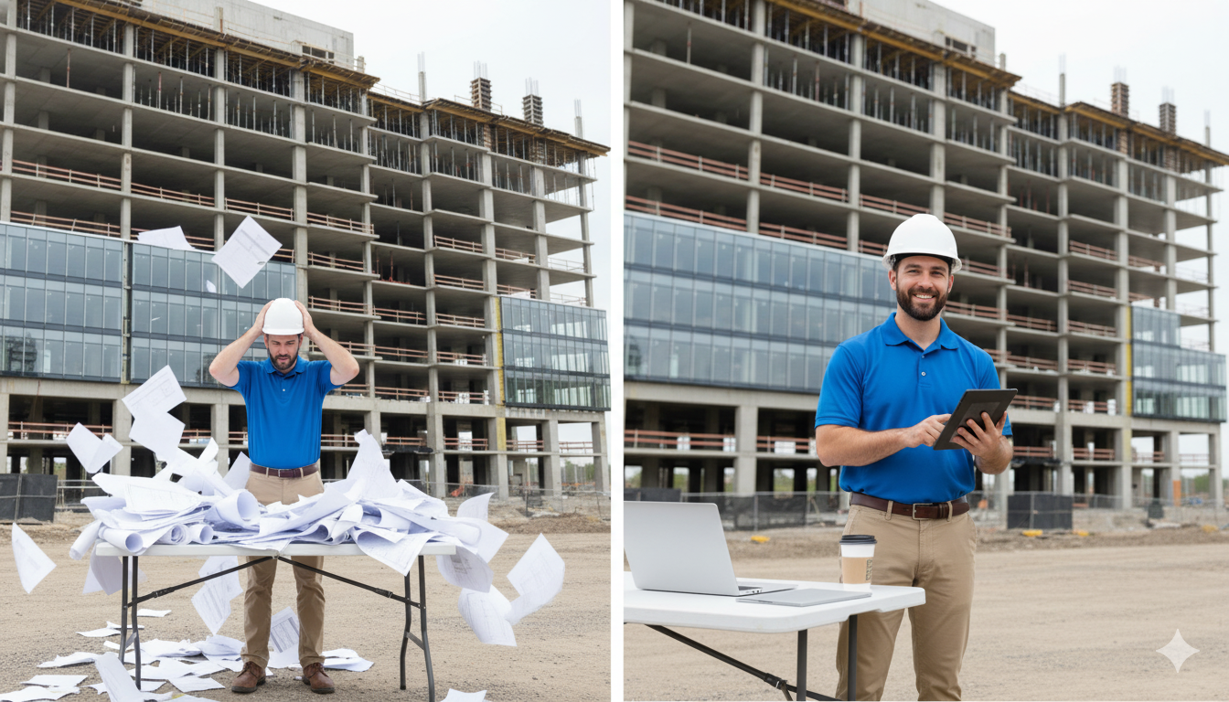 Construction site transformation - Before and after showing construction manager overwhelmed with paper documents versus using FormaFlow digital solution on tablet