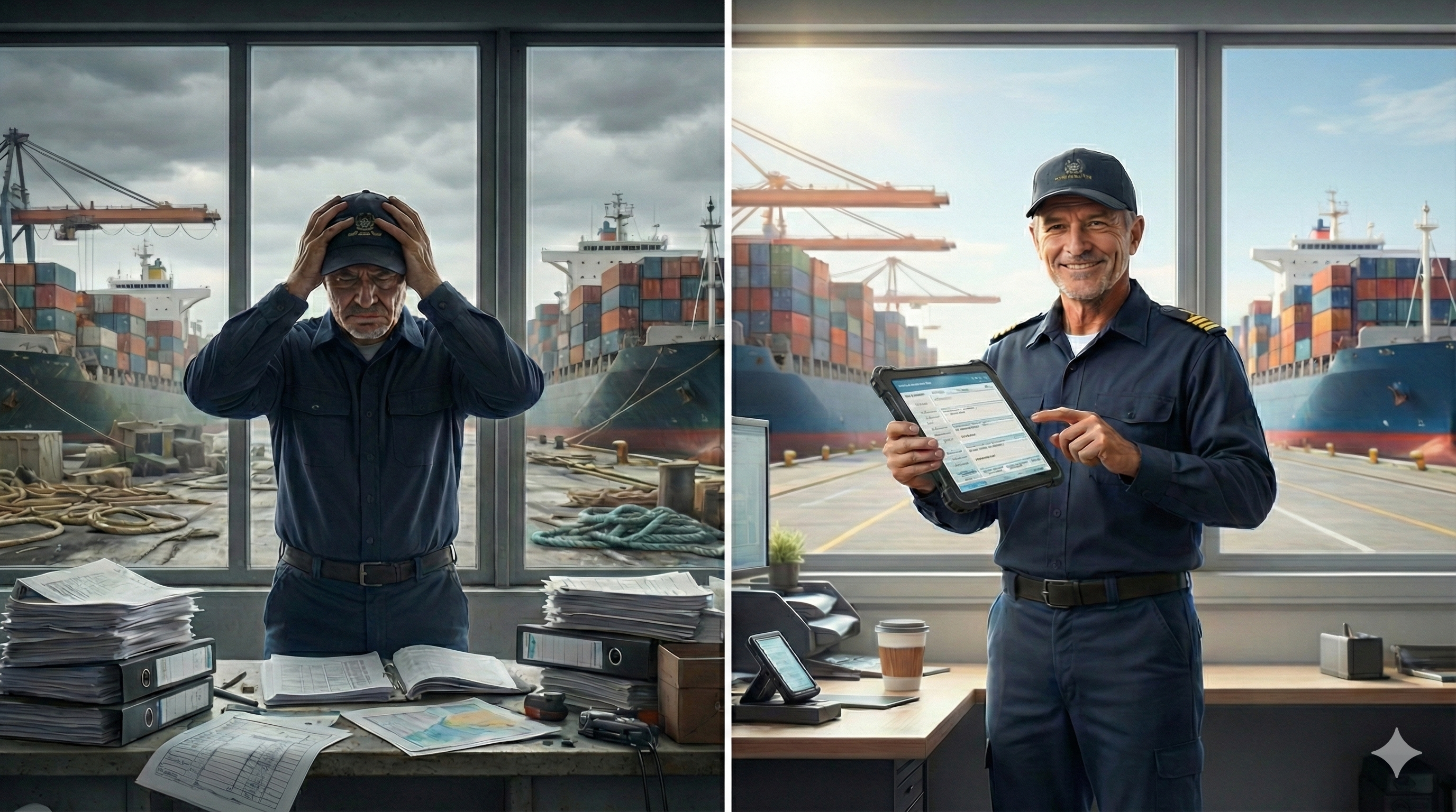 Marine surveyor using digital tablet vs paper forms at port - FormaFlow transforms port operations